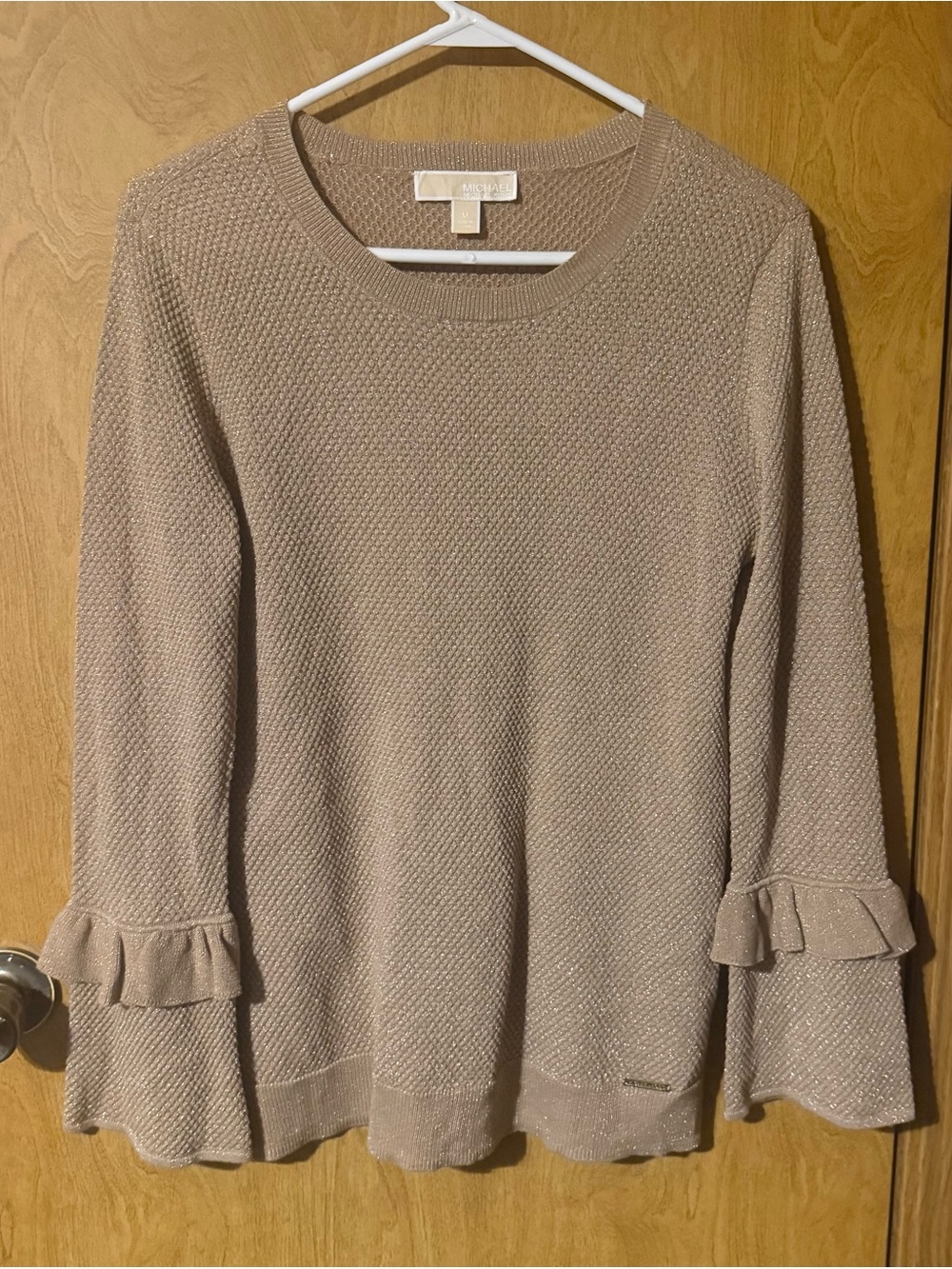 Michael Kors Taupe Ruffle-Sleeve Crewneck Sweater